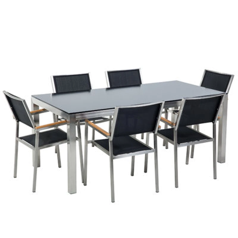 Image of BELIANI Garden Dining Set 6 Seater GROSSETO Tempered Glass Black 66281