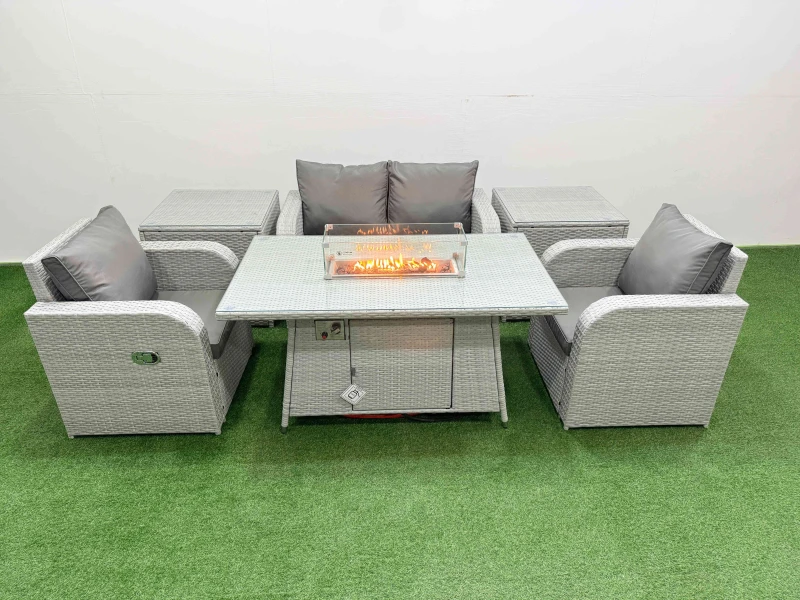 Image of Fimous Light Grey PE Wicker Rattan Garden Furniture Set Sofa Set Reclining Chair Firepit Dining Table 4 Seater With 2 Side Table Light Grey