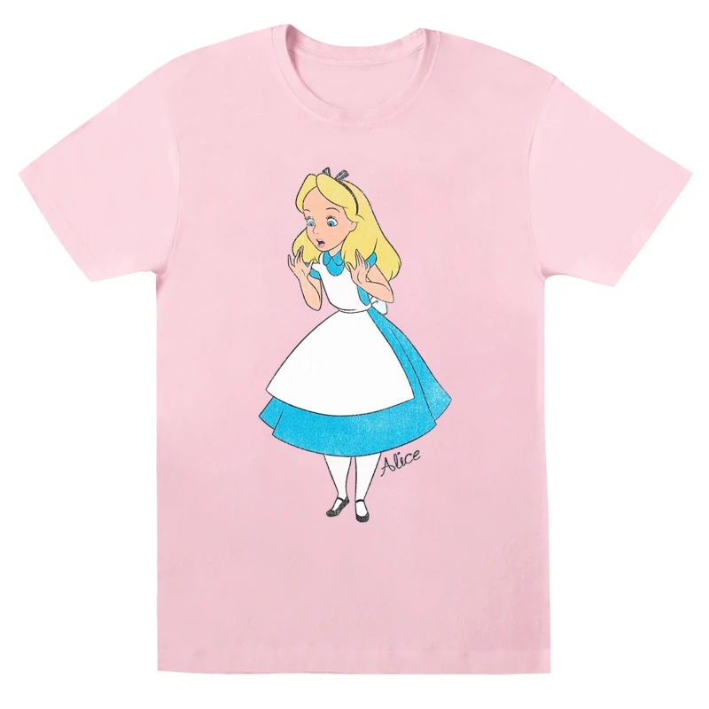 Image of Disney Men Alice In Wonderland Surprised Alice T-Shirt in Baby Pink Size: Small Baby Pink S Male 5059568303004