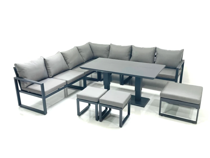 Image of Fimous 10 Seater Outdoor Aluminum Garden Furniture Set Corner Sofa 3 Footstools Adjustable Rising Lifting Dining Table Sets Dark Grey Dark Grey Unisex