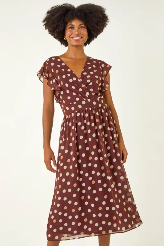 Image of Roman Womens Spot Print V-Neck Frill Midi Dress in Brown Size: 16 Brown Female 16