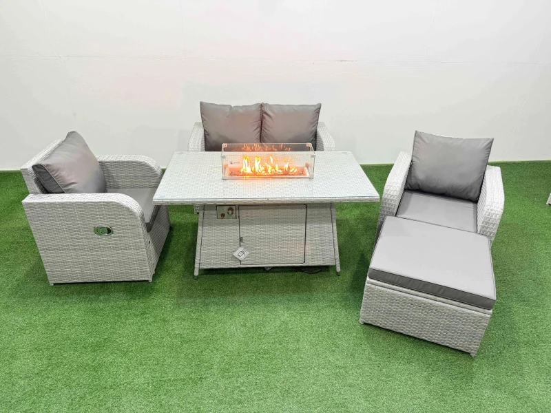 Image of Fimous Light Grey PE Wicker Rattan Garden Furniture Set Sofa Set Reclining Chair Firepit Dining Table 5 Seater With Footstool Light Grey