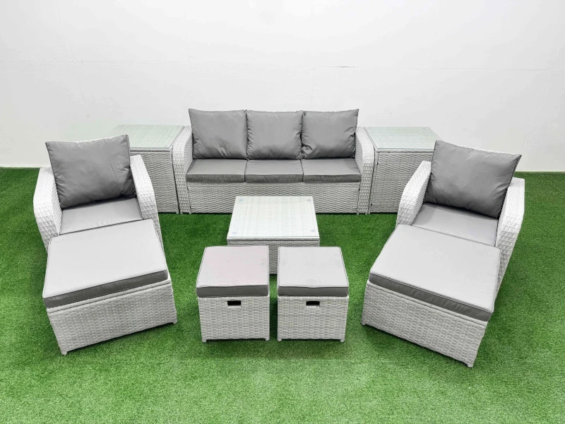 Image of Fimous PE Rattan Lounge Sofa Set with Coffee Table 3 Seater Sofa in Light Grey Light Grey Unisex