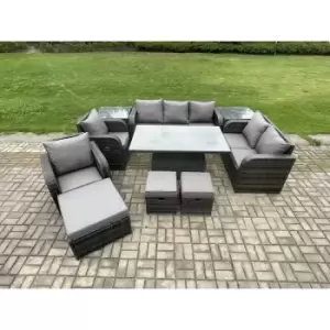 Image of Fimous 7 Seater Dark Grey Outdoor PE Rattan Dining Sofa Complete Set with 2 Side Tables, 2 Stools and Big Footstool