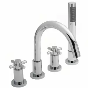 Image of Tec Crosshead 4-Hole Bath Shower Mixer Tap with Shower Kit and Hose Retainer - Hudson Reed