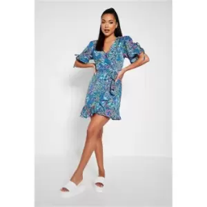Image of I Saw It First Blue Woven Floral Wrap Front Short Sleeve Mini Dress - Blue