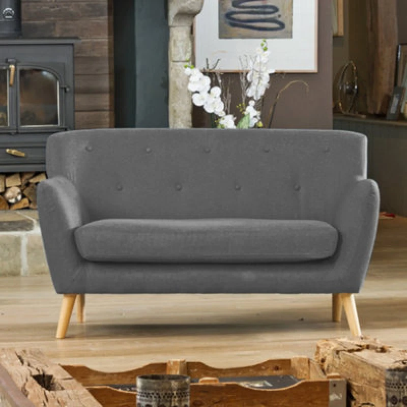 Image of Lynwood 137Cm Wide Dark Grey 2 Seat Textured Fabric Scandi Sofa With Both Light And Dark Wooden Legs