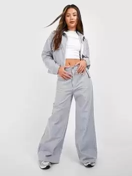 Image of Boohoo Stripe Denim Wide Leg Jeans - Blue Size 16, Women