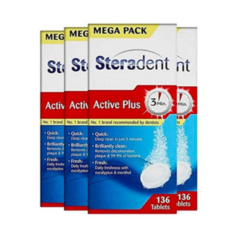 Image of Steripan Steradent Active Plus Denture Cleaner, 544 Tablets, Plaque Remover For White Teeth, Mint Fresh, Kills 99.9% Bacteria, Care