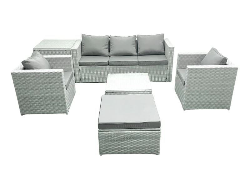 Image of Fimous 6 Seater Rattan Garden Furniture Set with 3 Seater Sofa 2 Chair Square Coffee Table Big Footstool Side Table Light Grey Mixed Light Grey