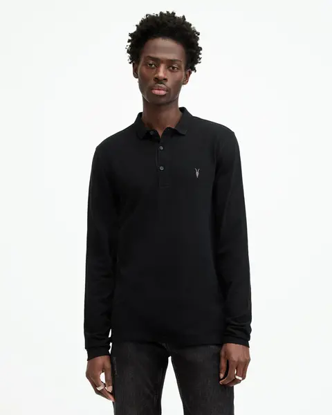 Image of AllSaints Mens Cotton Reform Long Sleeve Polo Shirt, Black, Size: M