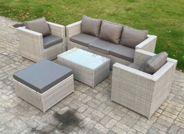 Image of Fimous 5 Seater Outdoor Light Grey PE Rattan Lounge Complete Sofa Set with Oblong Coffee Table and Big Footstool