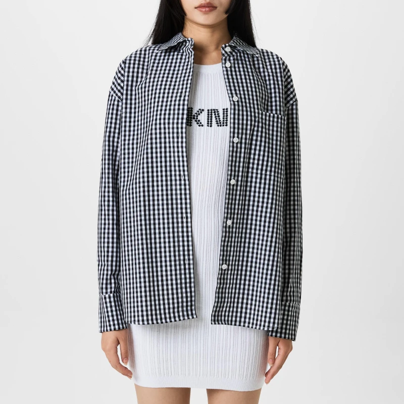 Image of DKNY Womens Long-Sleeve Plain Shirt BLACK/WHITE female 8 (XS)