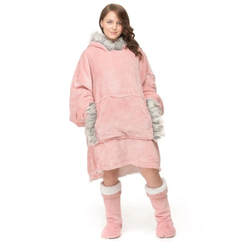 Image of Velosso Fur Trim Oversized Hoodie Blanket One Size Fits All in Pink Pink Unisex One Size