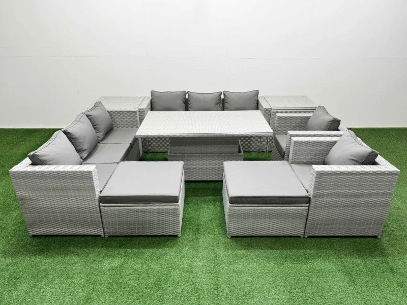 Image of Fimous 9 PCs Rising Dining Table Set Rattan Furniture Set with 3 Seater Sofa in Light Grey Light Grey Unisex