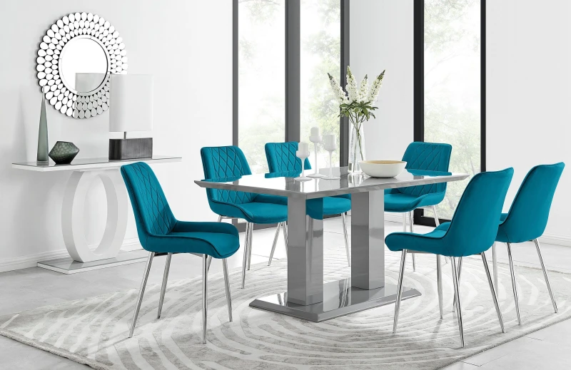 Image of FurnitureboxUK FurnitureboxUK Imperia 6 Grey Dining Table and 6 Pesaro Silver Leg Chairs in Blue Blue One Size Unisex 5056542641237