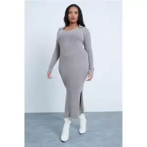 Image of I Saw It First Camel Plus Size Knitted Open Collar Side Split Midaxi Dress - Brown