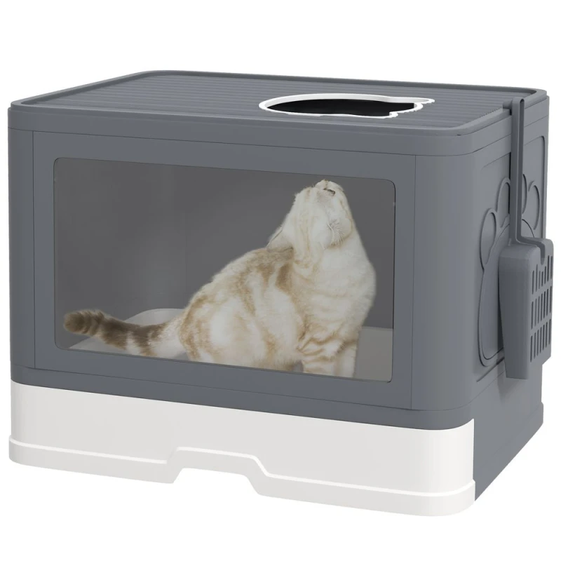 Image of PawHut Cat Litter Tray Enclosed w/ Lid, Front Entry Top Exit, Grey D31-085V00GY