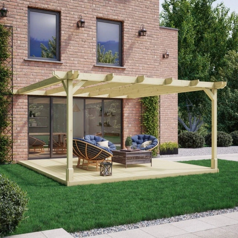 Image of Rutland County Garden Furniture Ltd Wall Mounted Double Pergola & Decking Kit, L420 x W420 cm, Brown in Green Green Unisex