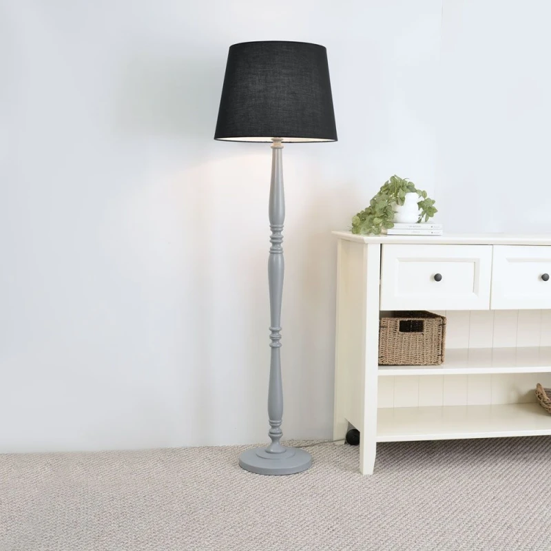 Image of ValueLights Victoria Grey Wood Traditional Stem Floor Lamp with Fabric Tapered Shade Black