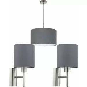 Image of Ceiling Pendant Light & 2x Matching Wall Lights Satin Nickel Grey Fabric Shade