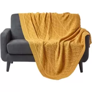 Image of Mustard Diamond Cable Knit Cotton Throw, 150 x 200cm - Yellow - Homescapes