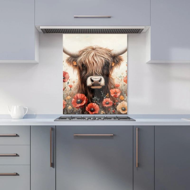 Image of Warren Reed - Designer Highland Cow & Summer Flowers Kitchen Splashback Size: 600mm x 750mm Multicolor Unisex 600mm x 750mm