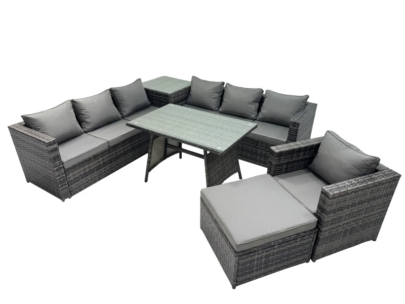 Image of Fimous Garden Rattan Furniture Set 8 Seater with Side Table Big Stool in Dark Grey Dark Grey Unisex