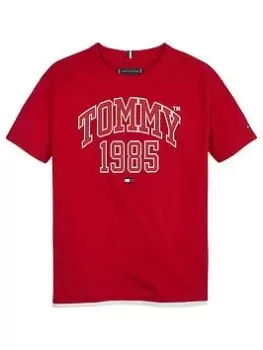 Image of Tommy Hilfiger Boys Tommy Varsity Short Sleeve T-Shirt - Deep Crimson, Red, Size 8 Years