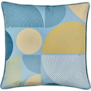 Image of Fusion - Ingo Geometric Print Velvet Piped Edge Filled Cushion, Teal, 43 x 43 Cm