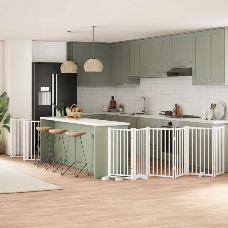 Image of vidaXL Dog Gate with Door Foldable 15 Panels White 750cm Poplar Wood, White 3155708