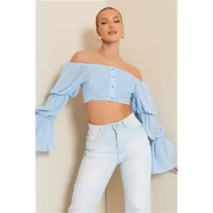 Image of I Saw It First Baby Blue Chiffon Button Front Milk Maid Crop Top - Blue