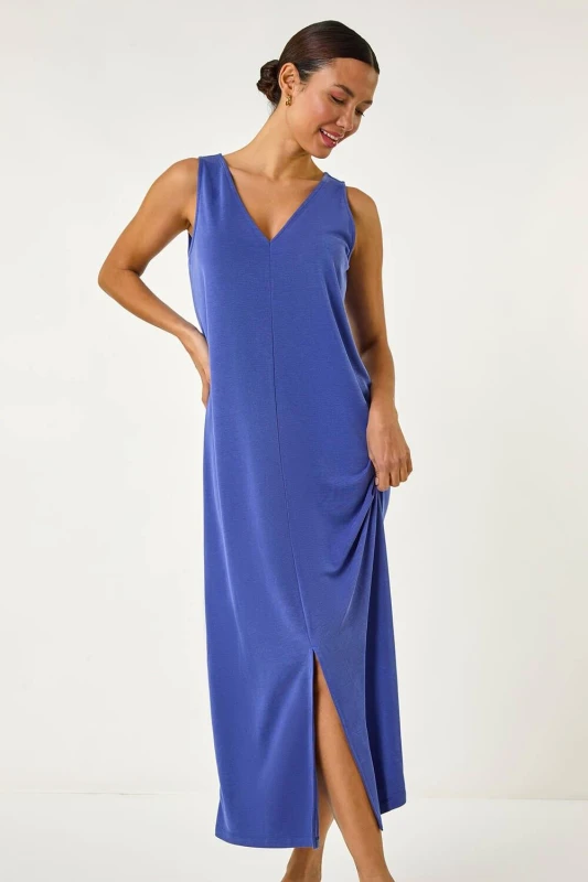 Image of Roman Womens Soft Pique Stretch Midi Dress in Blue Size: 12 Blue Female 12