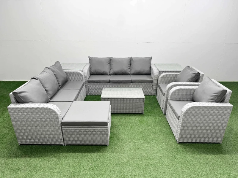 Image of Fimous PE Rattan High Back Lounge Sofa Set Patio Coffee Table & Chairs Set with 3 Seater Sofa Reclining Chair Big Footstool 2 Side Table Light Grey Li