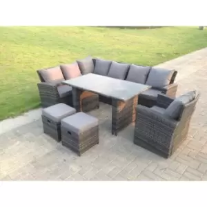 Image of Fimous 7 Seater Outdoor Dark Grey Rattan Lounge Complete Sofa Set with Black Tempered Dining Table and 2 Stools