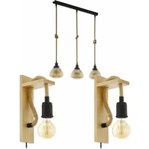 Image of Linear Ceiling Pendant & 2x Matching Wall Lights Black Rope & Amber Glass Shade