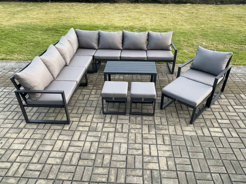 Image of Fimous Aluminium Outdoor Garden Furniture Set Lounge Corner Sofa Oblong Coffee Table Chair Sets with 3 Footstools Dark Grey Dark Grey Unisex
