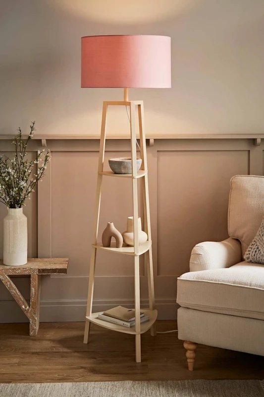 Image of ValueLights ValueLights Hiru Painted Cream 3 Tier Wooden Shelf Floor Lamp with Drum Lamp Shade in Pale Pink Pale Pink One Size Unisex 5059406070662