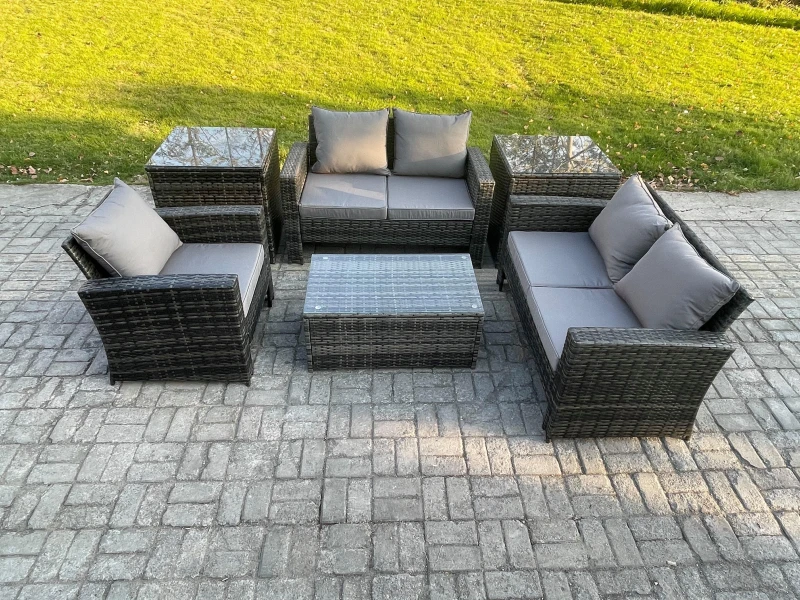 Image of Fimous Rattan Garden Furniture Set 5 Seater Patio Outdoor Lounge Sofa Chair Set with 2 Side Tables Rectangular Coffee Table Dark Grey Mixed Dark Grey