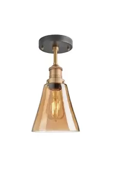 Image of Brooklyn Tinted Glass Flask Flush Mount, 6 Inch, Amber, Brass Holder