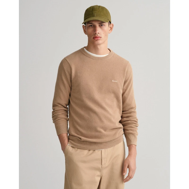 Image of Gant Cotton Piqu Crewneck Sweatshirt Khaki male S