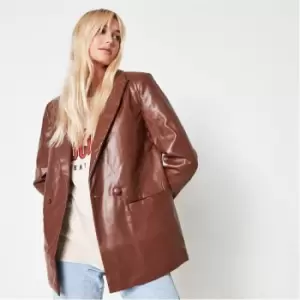 Image of Missguided Faux Leather Double Breasted Blazer - Brown