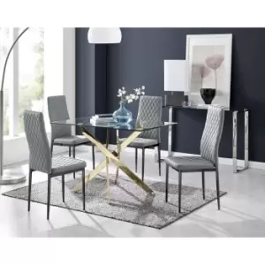 Image of Furniturebox Leonardo 120cm Modern Glass And Gold Metal Leg Dining Table And 4 Elephant Grey Milan Faux Leather Black Leg Dining Chairs