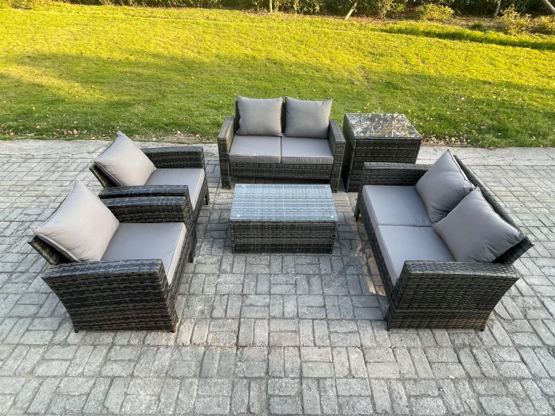 Image of Fimous Garden Furniture Sets 6 Pieces Outdoor Rattan Furniture Manual Wicker Patio Sofa Chair Set with Coffee Table Side Table in Dark Grey Dark Grey