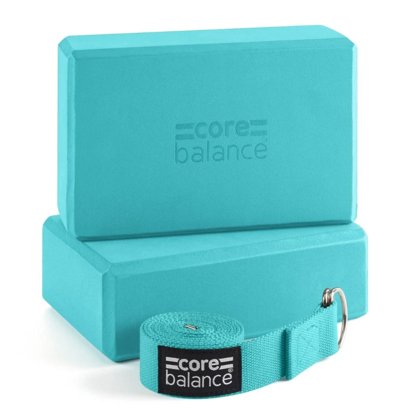 Image of Core Balance Yoga Block Set EVA Foam Brick With D Ring Stretch Strap Belt Core Balance Teal