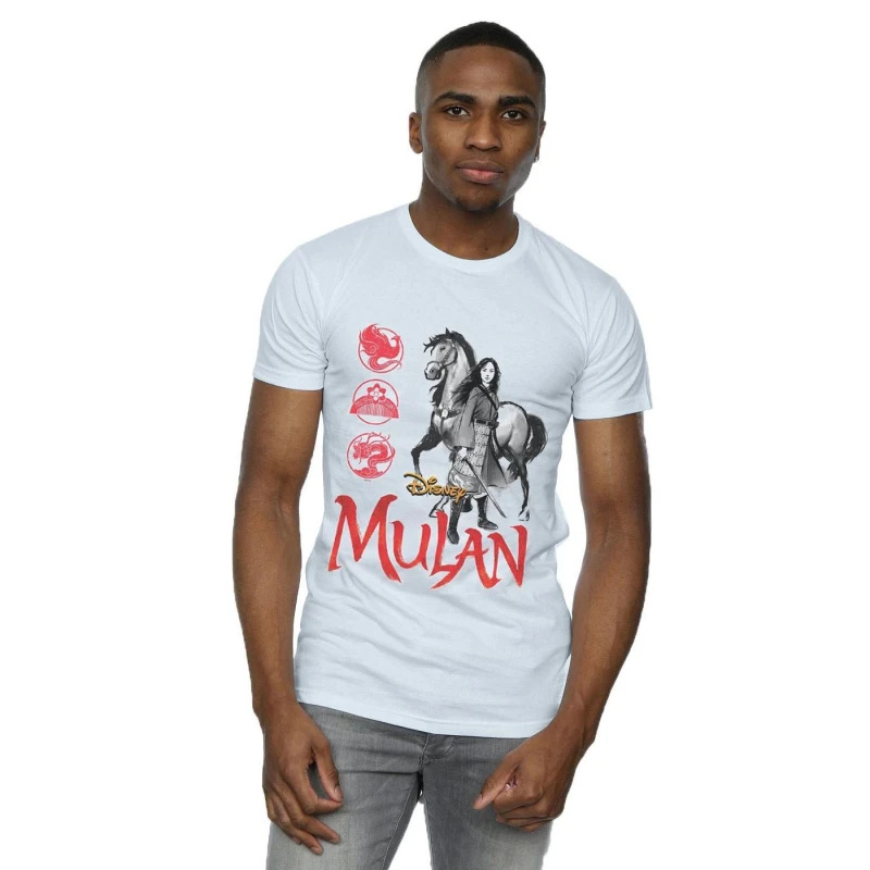 Image of Disney Men Mulan Movie Horse Pose T-Shirt in White Size: Small White S Male 5059400764895