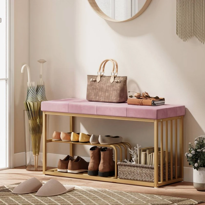 Image of HOMCOM Shoe Storage Bench with Seat Cushion Tufted Shoe Rack Bench in Pink Pink Unisex