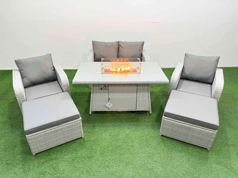 Image of Fimous Light Grey PE Wicker Rattan Garden Furniture Set Sofa Set Reclining Chair Firepit Dining Table 6 Seater 2 Big Stools Light Grey