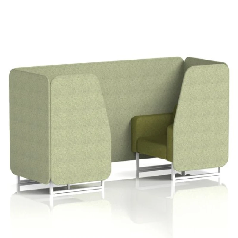 Image of Brixworth 2 Seater Office Booth with Front Panel - White Legs in Rivet Fabric - Burnish Panels and Olive Sofa