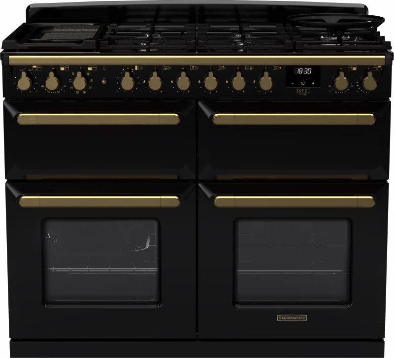 Image of Rangemaster Estel Deluxe ESDLB110DFPGBL/AB1 110cm wide Dual Fuel Range Cooker with Gas Hob - Black / Antique Brass - A/A Rated